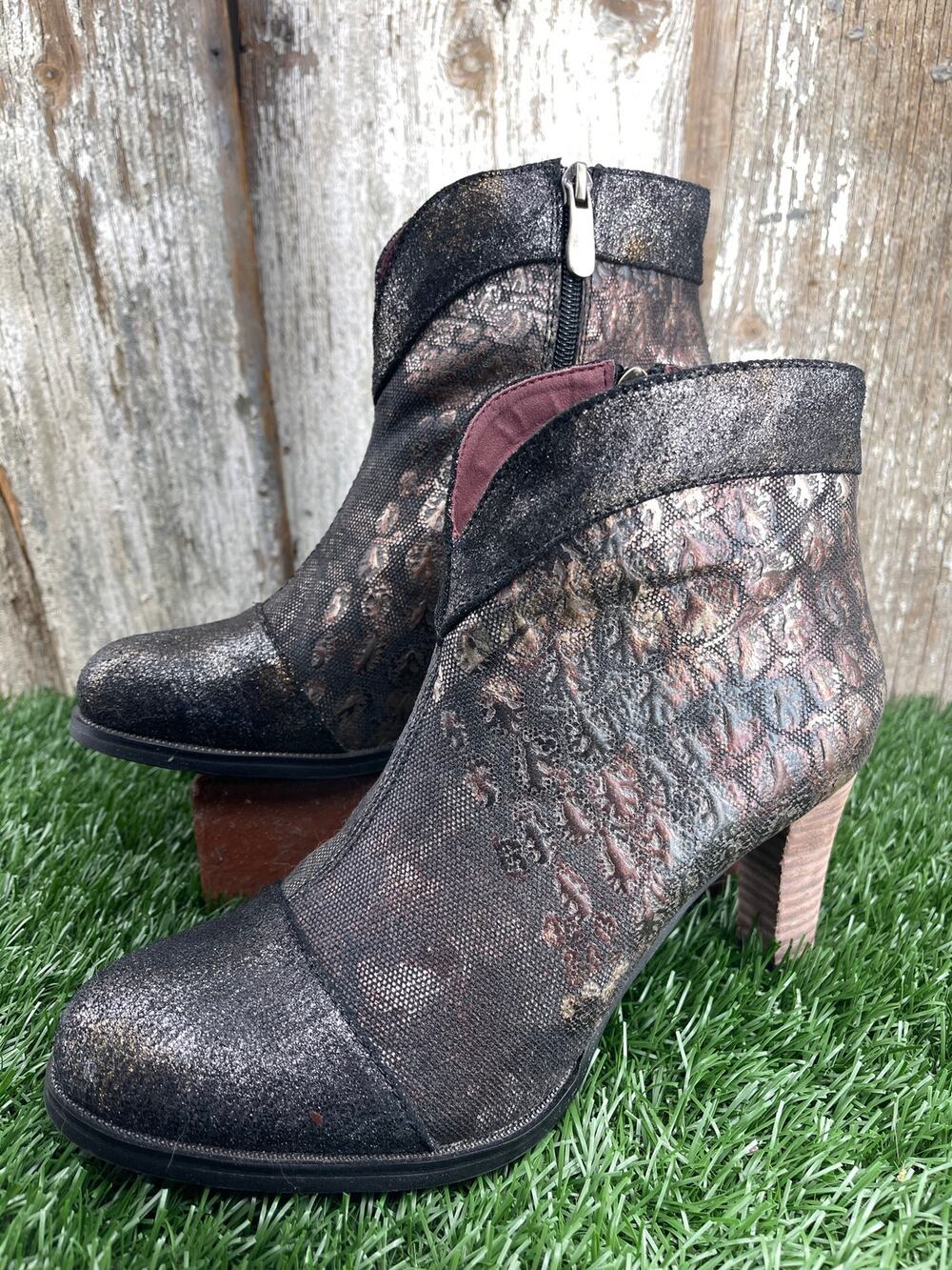 NWOT L'Artiste by Spring Step Eleni Black Pewter Copper Metallic Heel Boots EU39